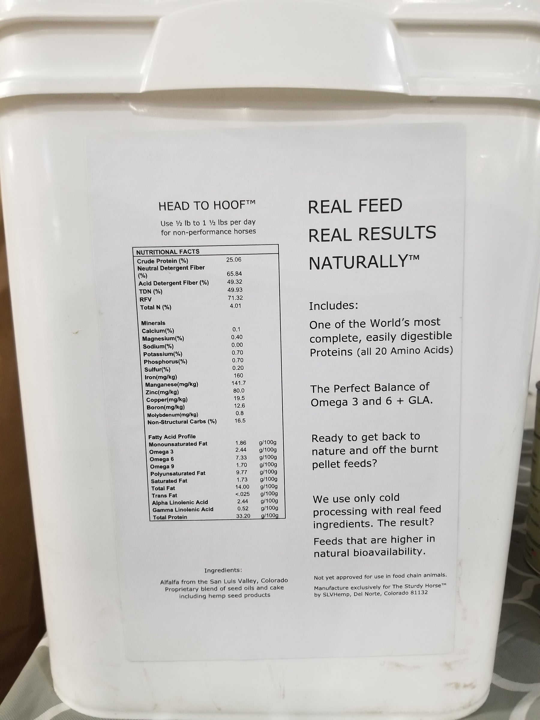 Head to Hoof® Maintainence Coarse Ground Horse Feed 20lb Tub rear label | The Sturdy Horse